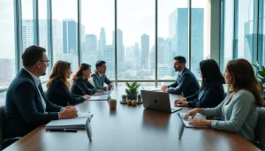 Engaging team at an environmental law firm discussing sustainability strategies.