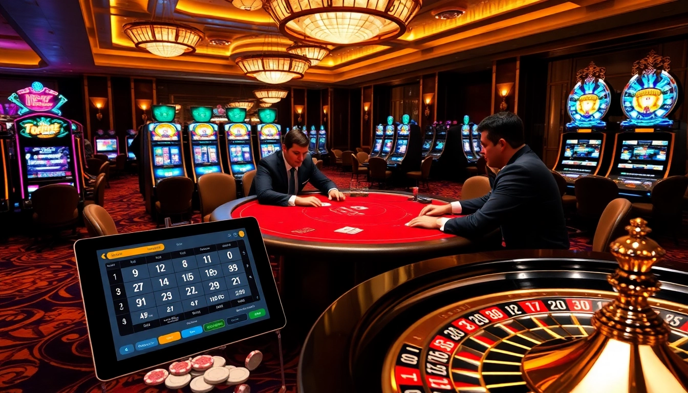 A dynamic poker game at w88 casino with vibrant slot machines and luxurious interior.