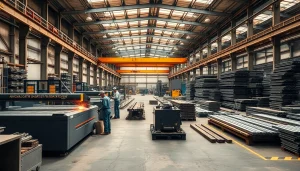 Workers actively fabricating steel in a professional steel fabrication shop setting.