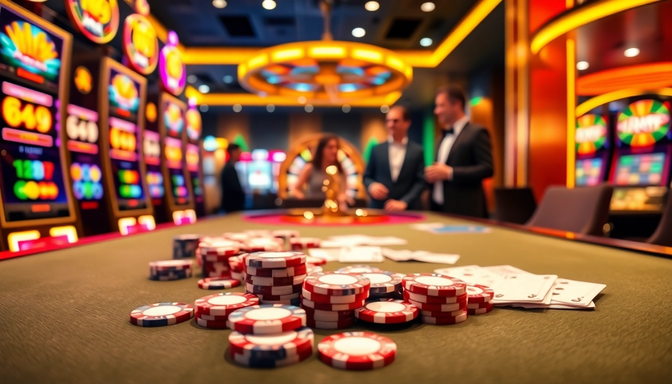 Engaging scene of gamblers enjoying slot machines within a vibrant 슬롯커뮤니티 atmosphere.