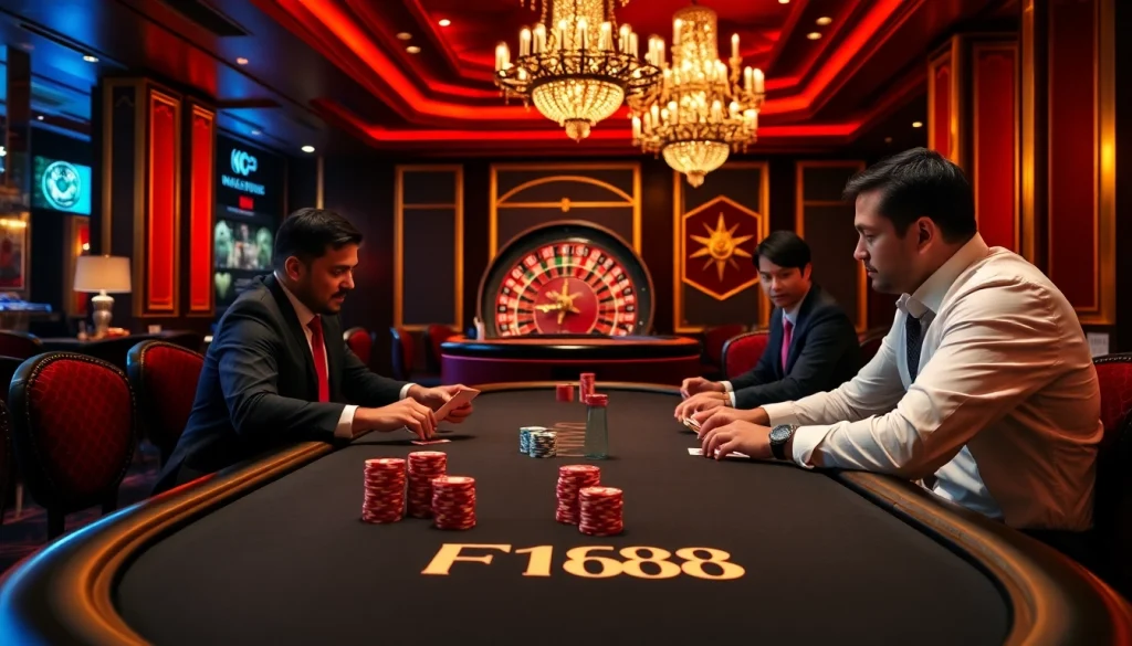 High-stakes poker game at F168 with excited players and vibrant casino decor.