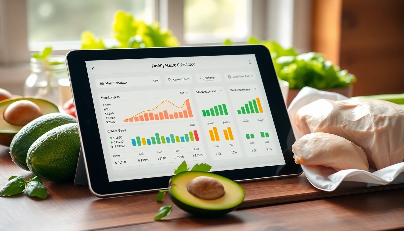 Calculate your macros easily with a professional macro calculator displayed on a tablet with healthy ingredients.