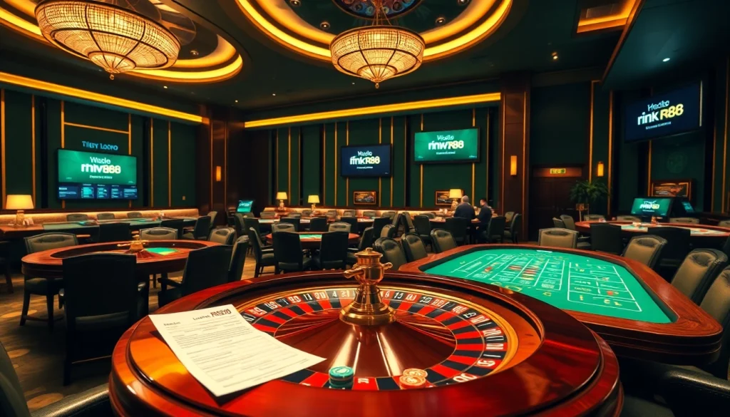 Engaging players at a casino table featuring link rr88 with vibrant poker chips and roulette wheel