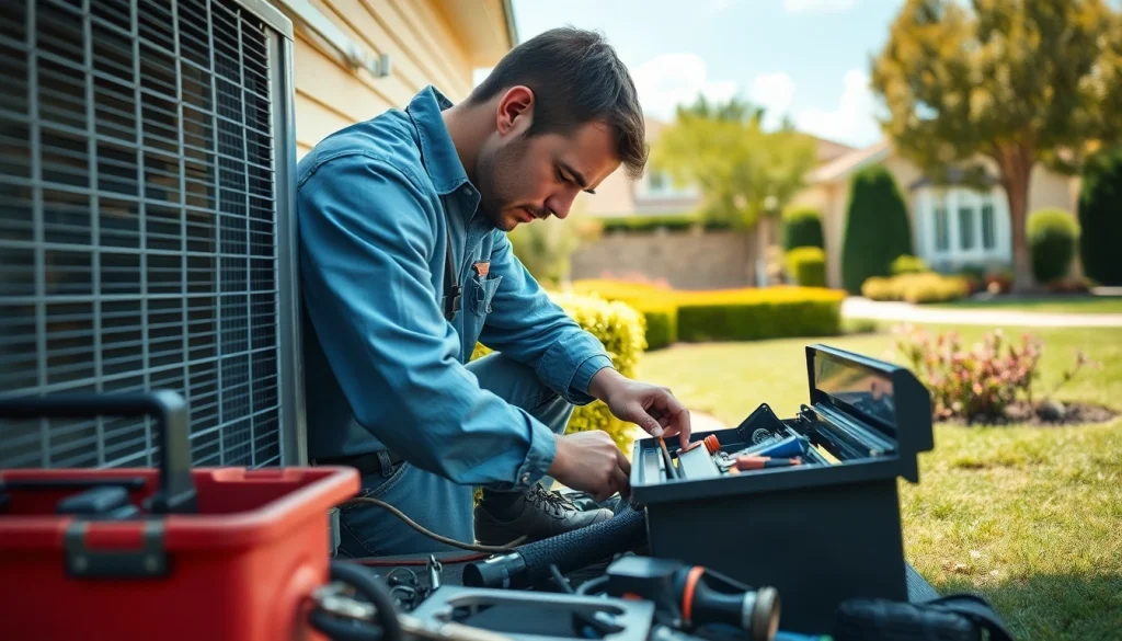 HVAC technician performing ac repair glendale az in a well-maintained garden.