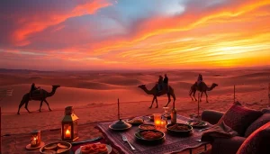 Agafay desert camel ride and dinner with a show at sunset, showcasing camels, Berber tents, and Moroccan cuisine.