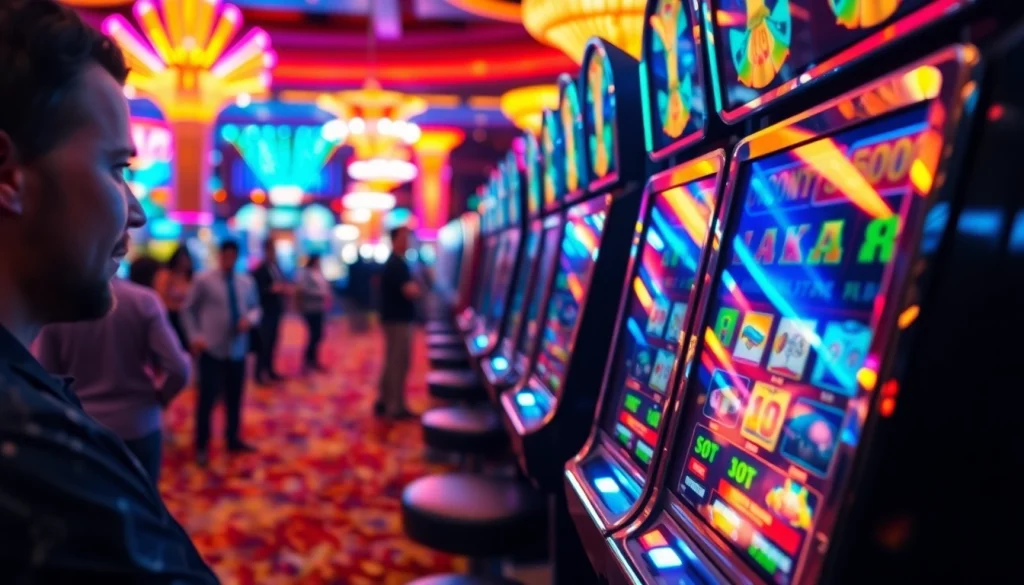 Bermain slot depo 5000 di mesin slot dengan cahaya berwarna-warni di kasino.