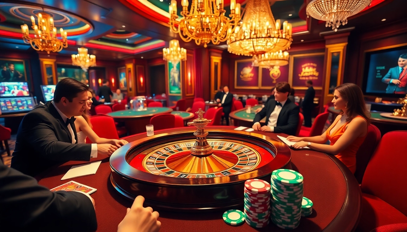 Experience the thrill of net win at a glamorous casino roulette table surrounded by eager players.