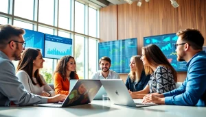 Team engaged in online marketing Edmonton strategies within a vibrant office setting.