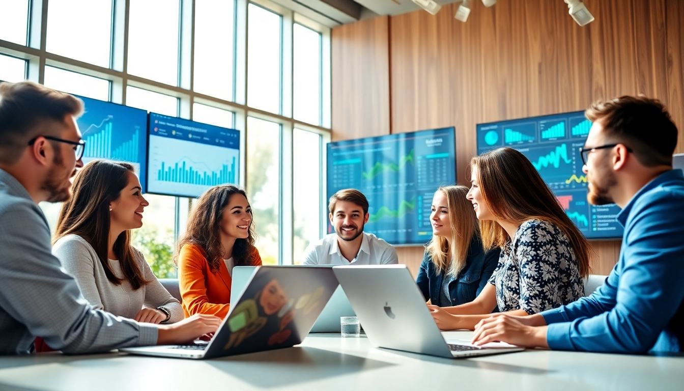 Team engaged in online marketing Edmonton strategies within a vibrant office setting.