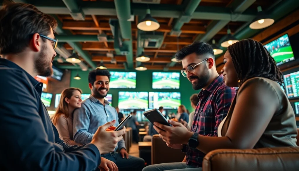 Engaged group planning bets on California sports betting in a vibrant sports bar setting.