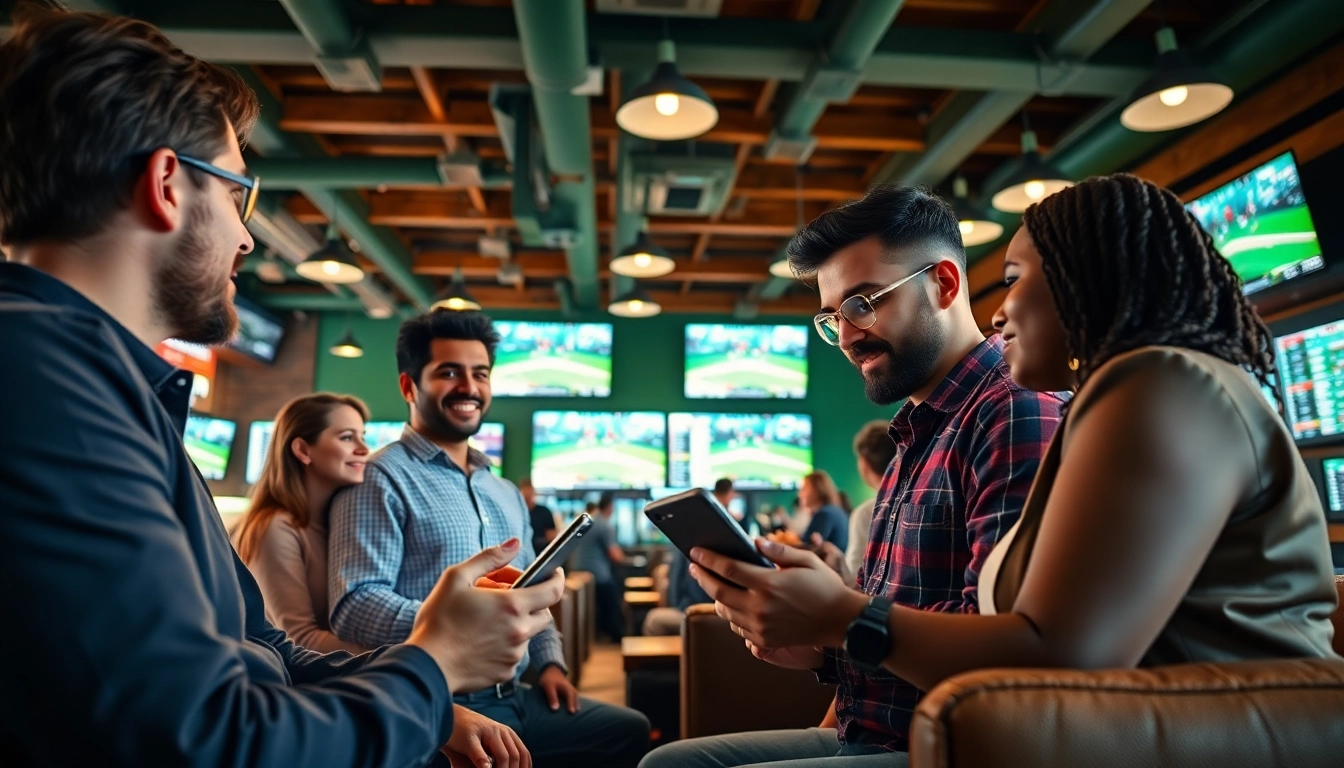 Engaged group planning bets on California sports betting in a vibrant sports bar setting.