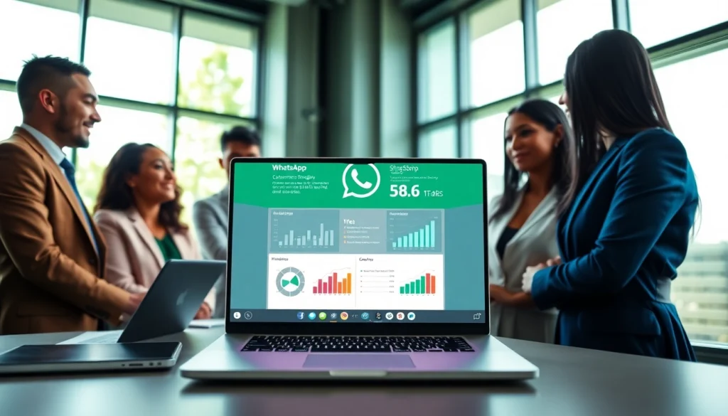 Understanding What is a CRM for WhatsApp through a dynamic business meeting with technology display.