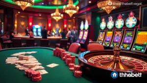 Experience exciting gameplay at https://thabet.vegas/ with elegant casino scenes featuring poker tables, roulette wheels, and slot machines.