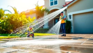 Professional pressure wash service cleaning a driveway in Kissimmee, FL