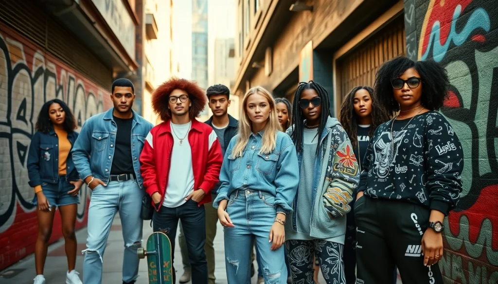 Modern streetwear outfits displayed in an urban scene featuring diverse styles and textures.