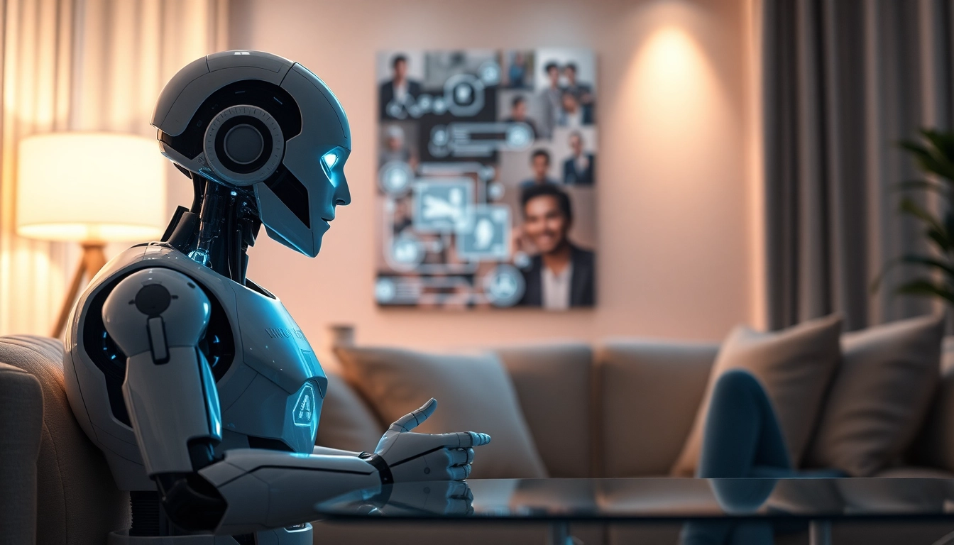 AI sex exploration showcased through a humanoid robot interacting with a person in a modern living room.