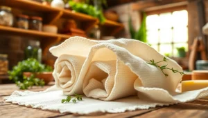 Gebruik van kaasdoek in een rustieke keuken met kruiden en kaas, verlicht door natuurlijk licht.