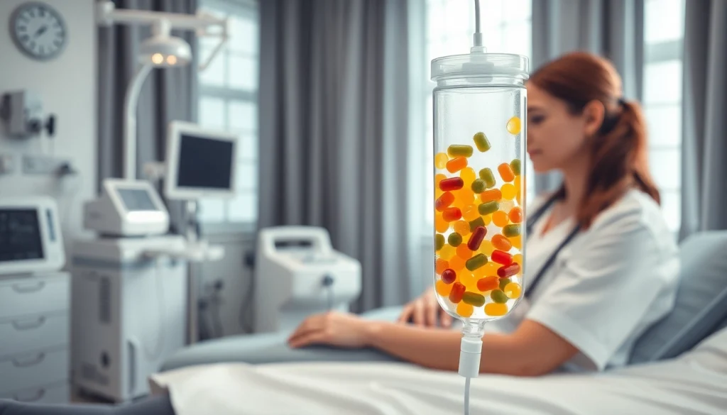 Administering IV Vitamin injections in a professional healthcare setting with a nurse and patient interaction.