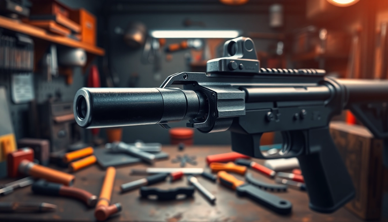 Examine the detailed features of an ar trigger mechanism in a professional workshop setting.