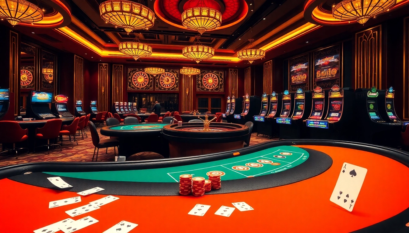 Dynamic gaming scene at nhà cái bl555 showcasing poker, roulette, and exciting slot machines.