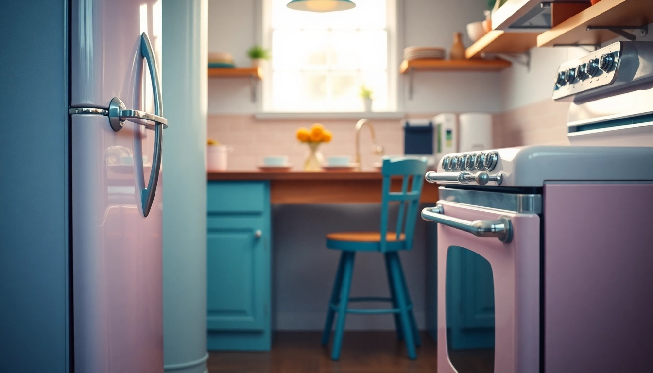Showcasing retro appliances in a lively kitchen setting with vintage style and colors.