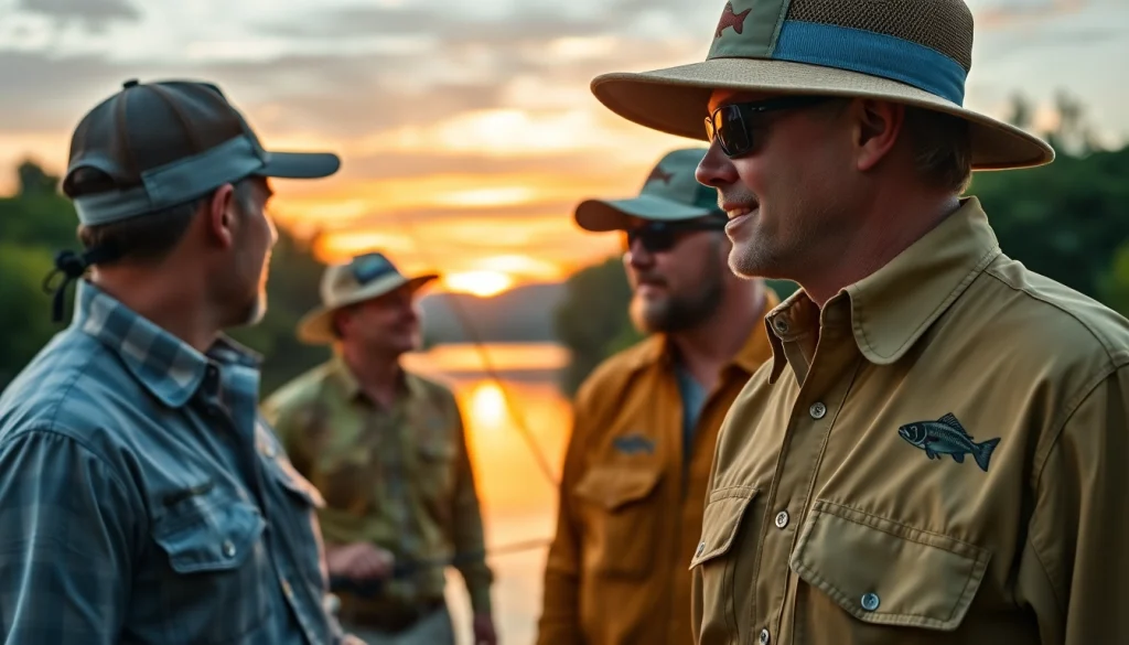 Explore stylish fly fishing apparel worn by anglers by a peaceful lake during sunset.