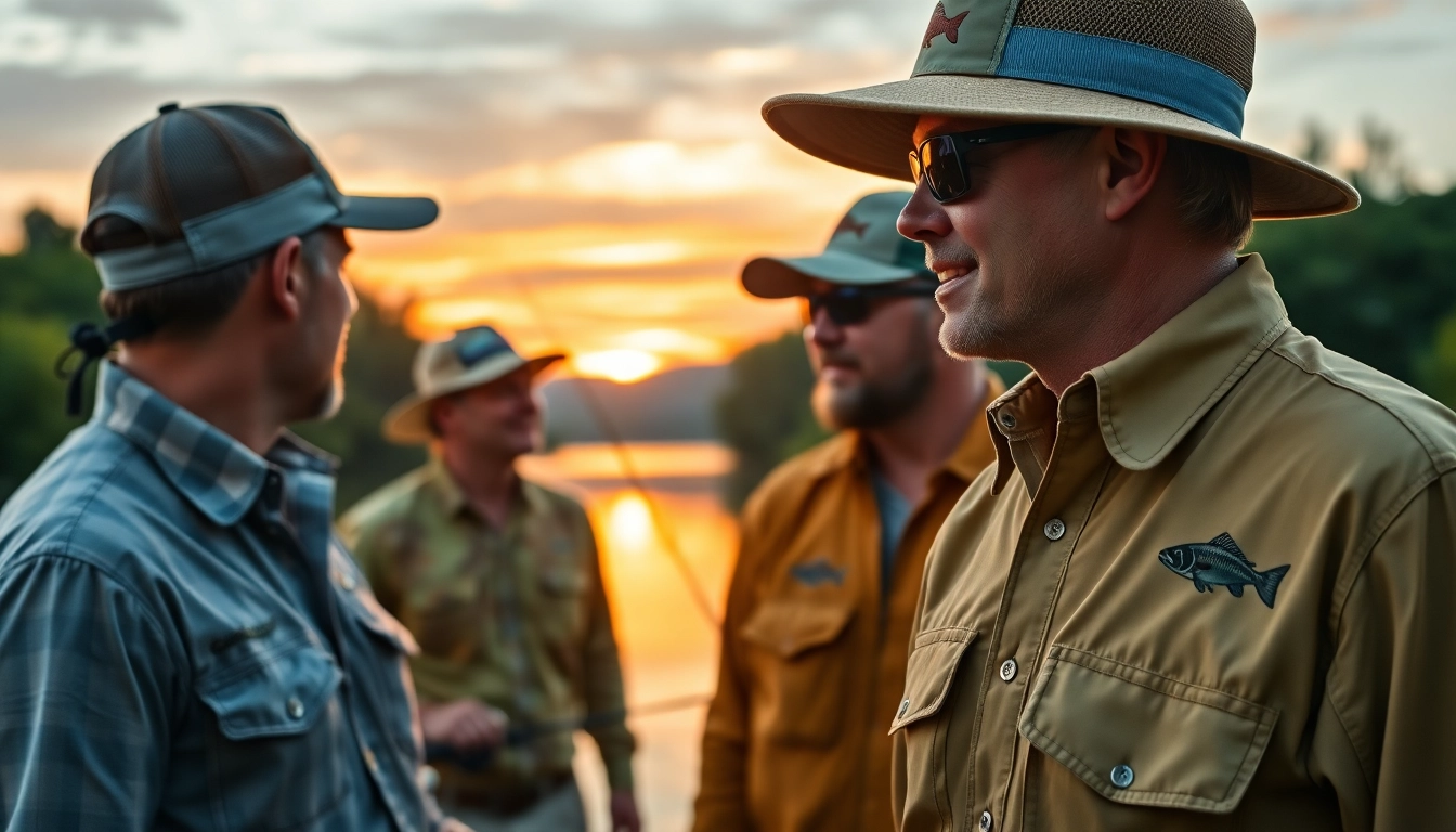 Explore stylish fly fishing apparel worn by anglers by a peaceful lake during sunset.