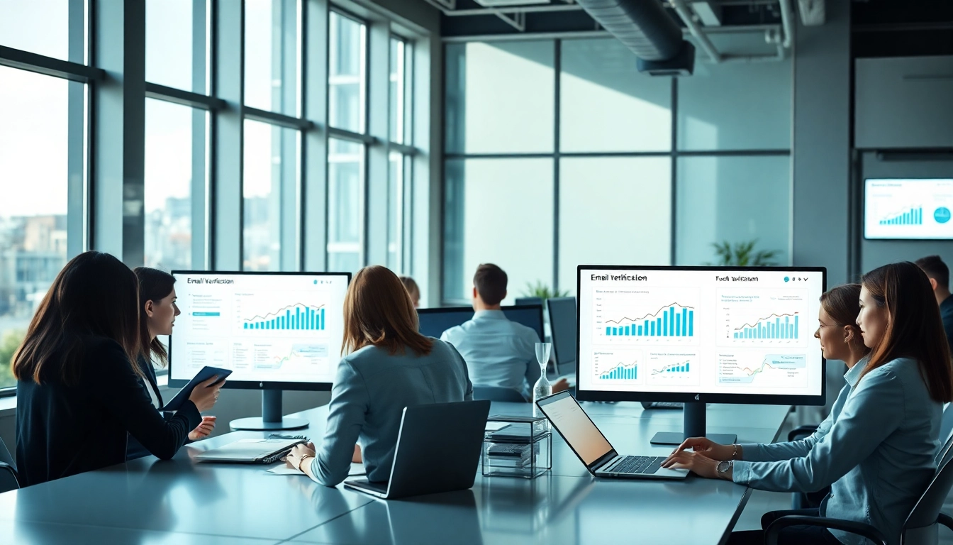 Email verification process illustrated by professionals in a modern office.