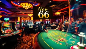 Experience the thrill of gaming at New 66 with luxury poker tables and vibrant slot machines.