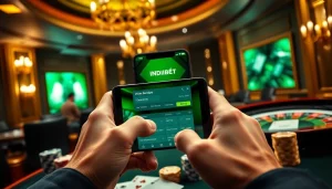 Experience the thrill of betting with the indibet app download on a luxurious smartphone, surrounded by casino elements.