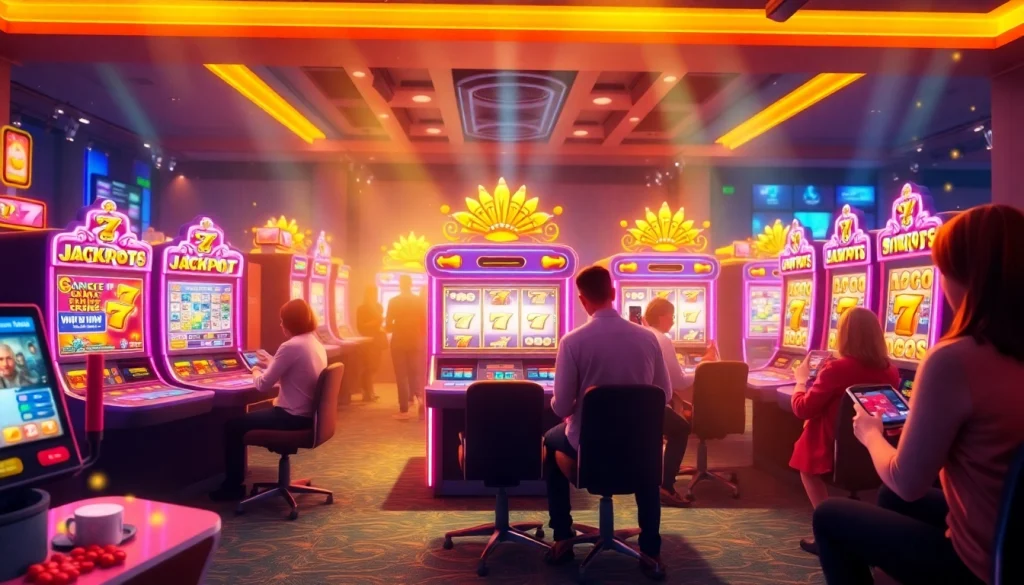 Exciting scene of players engaging with vibrant slot hoki games online, showcasing dynamic graphics and a thrilling atmosphere.