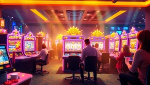 Exciting scene of players engaging with vibrant slot hoki games online, showcasing dynamic graphics and a thrilling atmosphere.