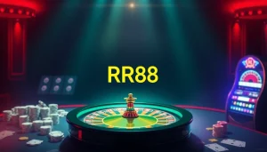 Experience thrilling gambling action with RR88's vibrant casino atmosphere featuring cards and chips.