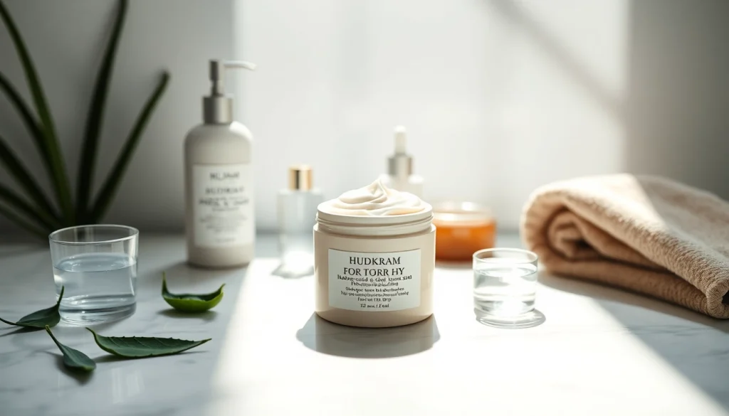 Lyxig hudkräm för torr hy visas i en lugn badrumsmiljö, med fokus på återfuktning och hudvård.