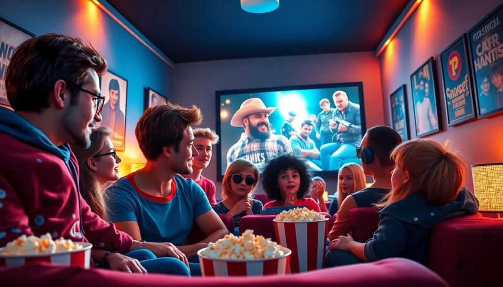 Engaging scene of diverse characters enjoying films together, embodying the essence of filme online subtitrate in a cozy home theater.