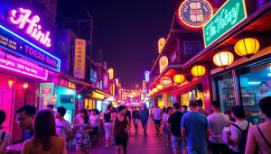 Experience Da Nang nightlife (다낭밤문화) with vibrant street scenes, colorful lights, and lively bars filled with energy.