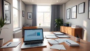 Superfund accountant desktop with financial documents and award certificates in a professional office.