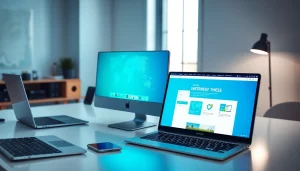 快连官网 displayed on modern devices in a sleek workspace, emphasizing secure internet access.
