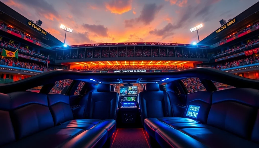 World Cup Group Transportation featuring luxurious limousines and excited fans at a stadium.