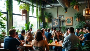 Vibrant social club seville atmosphere with friends enjoying cannabis and conversation.