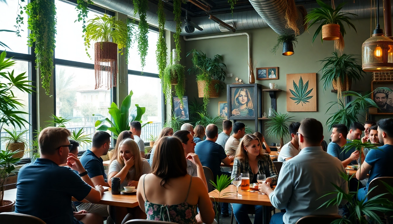 Vibrant social club seville atmosphere with friends enjoying cannabis and conversation.