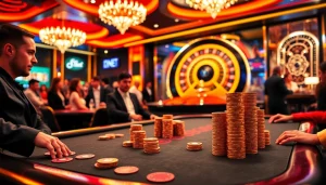 Experience thrilling betting at a vibrant 12bet casino table with poker chips and a spinning roulette wheel.