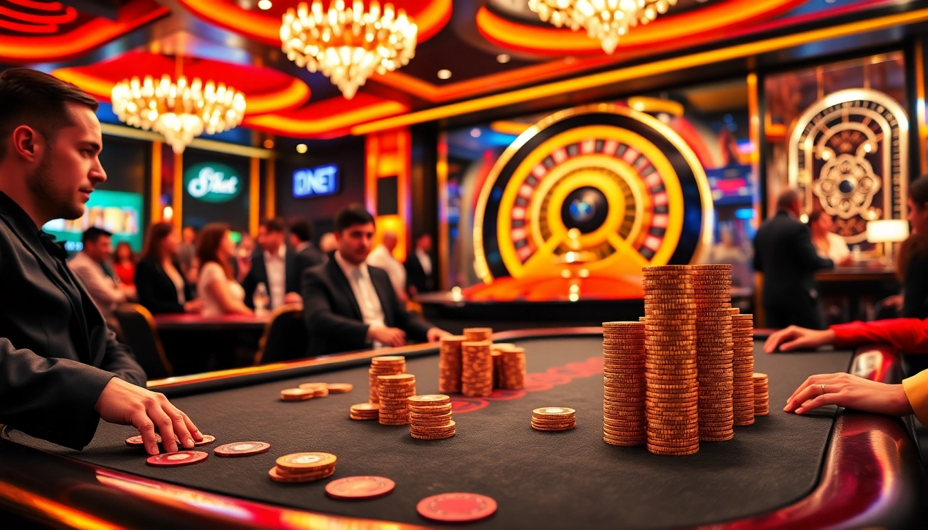 Experience thrilling betting at a vibrant 12bet casino table with poker chips and a spinning roulette wheel.