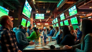 Engaged audience enjoying Alberta sports betting with multiple screens and vibrant atmosphere.