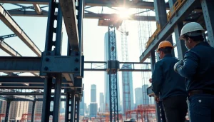 Workers engaging in structural steel construction amidst a vibrant city skyline.