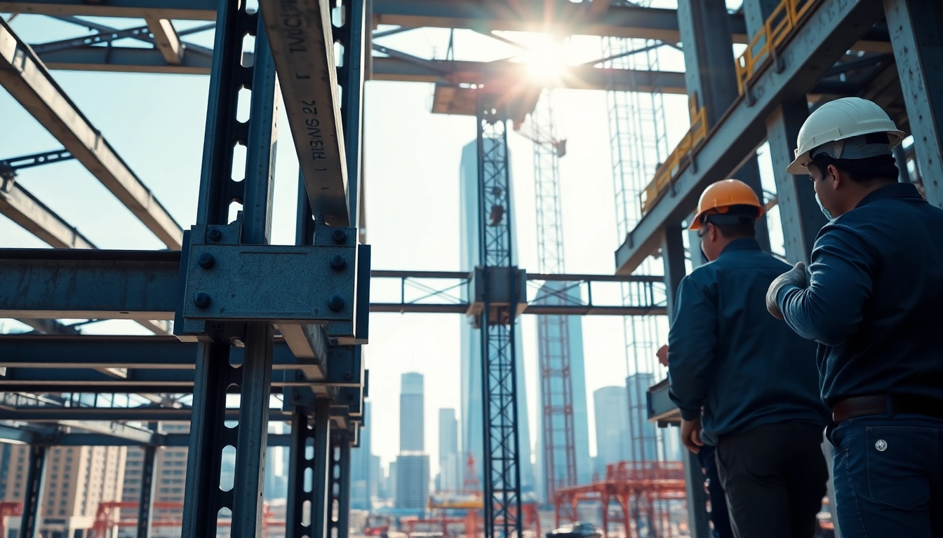 Workers engaging in structural steel construction amidst a vibrant city skyline.
