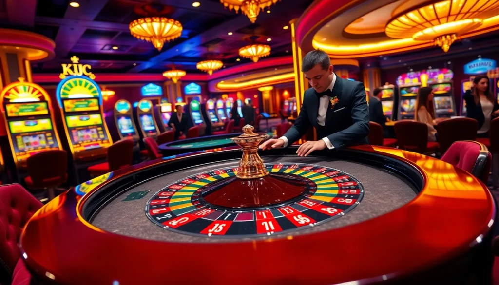 KJC-branded roulette table featuring vibrant chips in a luxurious casino setting.