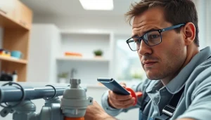 Engage in effective water leak detection with a plumber using advanced tools in a modern kitchen.