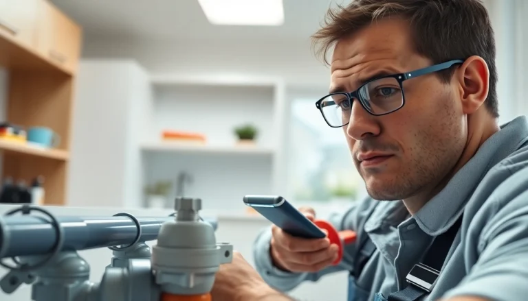 Engage in effective water leak detection with a plumber using advanced tools in a modern kitchen.