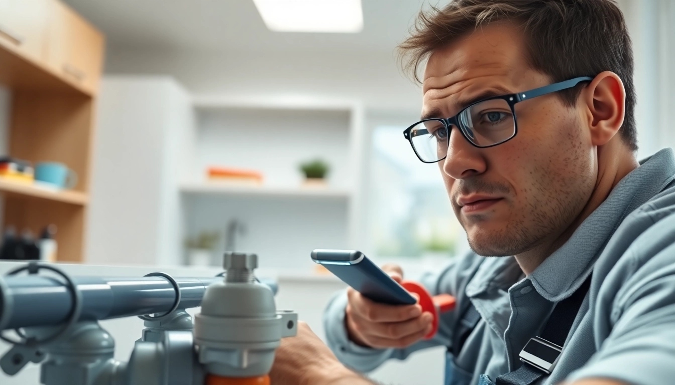 Engage in effective water leak detection with a plumber using advanced tools in a modern kitchen.